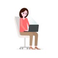 Girl working with laptop on office chair, looking at the screen. Vector flat illustration. Royalty Free Stock Photo