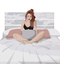 Girl working on pc in the bed - illustration people working