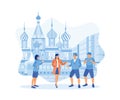 A girl works as a tour guide. Giving explanations to young tourists on a walking tour of Moscow. Tourist Guide concept.