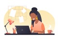 A young african woman with dark hair works on a laptop. Work from home. Freelance. Stay at home. Vector flat illustration.