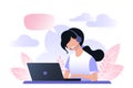 Young woman is working on a laptop. Call center. The girl answers the call, support service. Vector illustration. Dispatcher