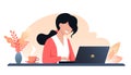 A young happy woman works on a laptop, autumn workplace interior design. Work from home, freelance. Vector illustration