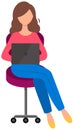 The girl works on a laptop. Female character sitting on a chair with a computer in her hands