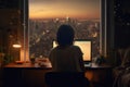 A girl works on her laptop at home in the evening, with the metropolis outside her window. Generative AI