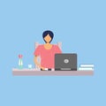 Girl works at a laptop at the table, freelancer, worker, illustration