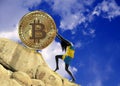 The girl, wrapped in a flag of Sweden, raises a bitcoin coin up the hill