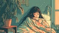 A girl wrapped in a warm orange blanket in a cold room in winter. warmth and coziness