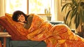 A girl wrapped in a warm orange blanket in a cold room in winter. warmth and coziness