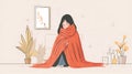 A girl wrapped in a warm orange blanket in a cold room in winter. warmth and coziness