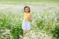 A girl with a wreath of daisies on her head in the field playing and blowing soap bubbles in nature. A large chamomile field on a