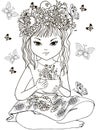 Girl in a wreath of flowers with a cup of flower tea for anti Stresa Coloring. Royalty Free Stock Photo