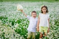 A girl with a wreath of flowers on her head and a boy in a hat in a field of daisies. Brother and sister on a summer day in nature Royalty Free Stock Photo