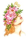 Girl with a wreath of peonies on her head watercolor Royalty Free Stock Photo