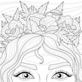 Girl in a wreath with poppies. Coloring book antistress for children and adults. Royalty Free Stock Photo