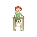 Girl writes at the table. Vector color illustration.