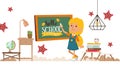 Girl writing on blackboard hello school, vector illustration. Happy child, smiling cartoon character, smart kid ready