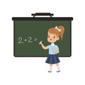 Girl writing english letters on blackboard, elementary school student in uniform vector Illustration on a white Royalty Free Stock Photo