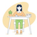 Girl writing a notebook sitting at a desk. Smiling girl doing homework. Line art