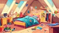 Girl's bedroom in the attic. Modern cartoon interior with dirty furniture, dirty clothes, unmade bed, and trash Royalty Free Stock Photo