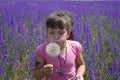 The girl's blowing on a big dandelion. There are much purple flowers in the field.