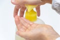 Girl& x27;s fingers press on the dispenser, cleanser, skin care product, liquid hand soap