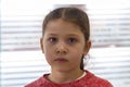 Girl 6 years old in red sweater on background of white blinds.  Close-up portrait.  Look into the camera. Royalty Free Stock Photo