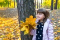 A girl of 7-8 years old, with yellow autumn leaves, plays in a sunny autumn park. Lifestyle