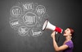 Girl yelling into megaphone and hand drawn speech bubbles come o Royalty Free Stock Photo