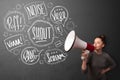 Girl yelling into megaphone and hand drawn speech bubbles come o Royalty Free Stock Photo