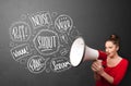 Girl yelling into megaphone and hand drawn speech bubbles come o Royalty Free Stock Photo