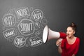 Girl yelling into megaphone and hand drawn speech bubbles come o Royalty Free Stock Photo