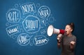 Girl yelling into megaphone and hand drawn speech bubbles come o Royalty Free Stock Photo