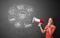 Girl yelling into megaphone and hand drawn speech bubbles come o Royalty Free Stock Photo