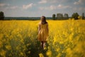 A girl in a yellow dress on the background of the rape field, A young girl full rear view walks in a field of mustard flowers, AI