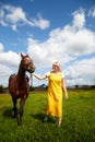 Girl in yellow dress with a horse on a green field and a blue sky with white clouds on the background Royalty Free Stock Photo
