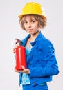 Girl with yellow hard hat Royalty Free Stock Photo