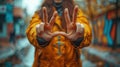 girl in a yellow jacket on the street makes a peace sign with her hands, Conscientious Objector Day Royalty Free Stock Photo