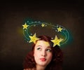 Girl with yellow stars circleing around her head illustration Royalty Free Stock Photo