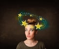 Girl with yellow stars circleing around her head illustration Royalty Free Stock Photo