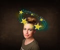 Girl with yellow stars circleing around her head illustration Royalty Free Stock Photo