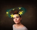 Girl with yellow stars circleing around her head illustration Royalty Free Stock Photo