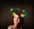 Girl with yellow stars circleing around her head illustration Royalty Free Stock Photo