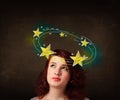 Girl with yellow stars circleing around her head illustration Royalty Free Stock Photo