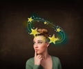 Girl with yellow stars circleing around her head illustration Royalty Free Stock Photo