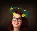 Girl with yellow stars circleing around her head illustration Royalty Free Stock Photo