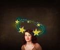 Girl with yellow stars circleing around her head Royalty Free Stock Photo