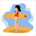 Girl in a yellow swimsuit standing with surfboard. Summer time concept illustration. Cute illustrtion in flat cartoon Royalty Free Stock Photo