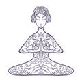 Girl in a yoga pose. Meditation. Vector illustration in ethnic, boho styles.