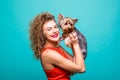 Girl with yorkie dog. Beauty young girl in red dress hug her sweet yorkshire terrier isolated on green background Royalty Free Stock Photo