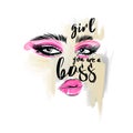 Girl you are the boss, handwritten quote. Beautiful eyes with long black eyelashes, pink eye shadow, eyebrows and lips